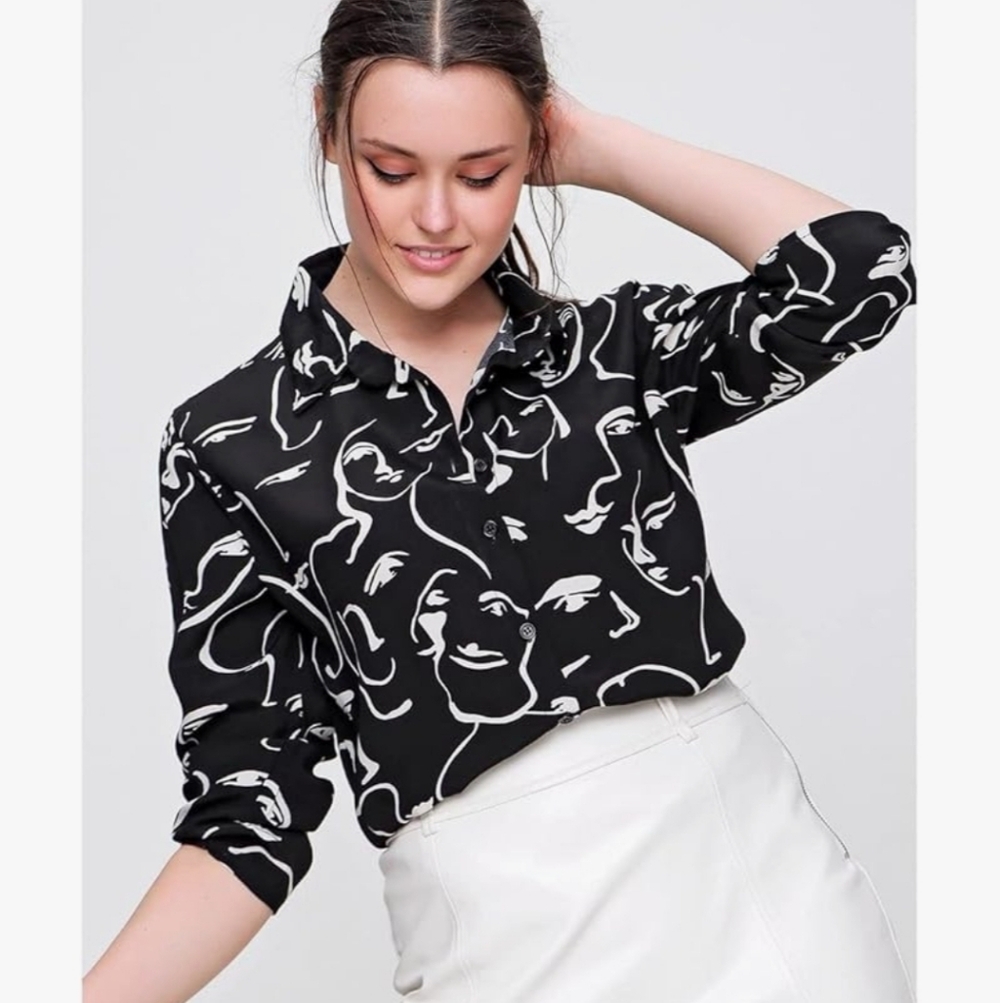 Bold Abstract Face Print Women's Long Sleeve Black White Button Down Shirt